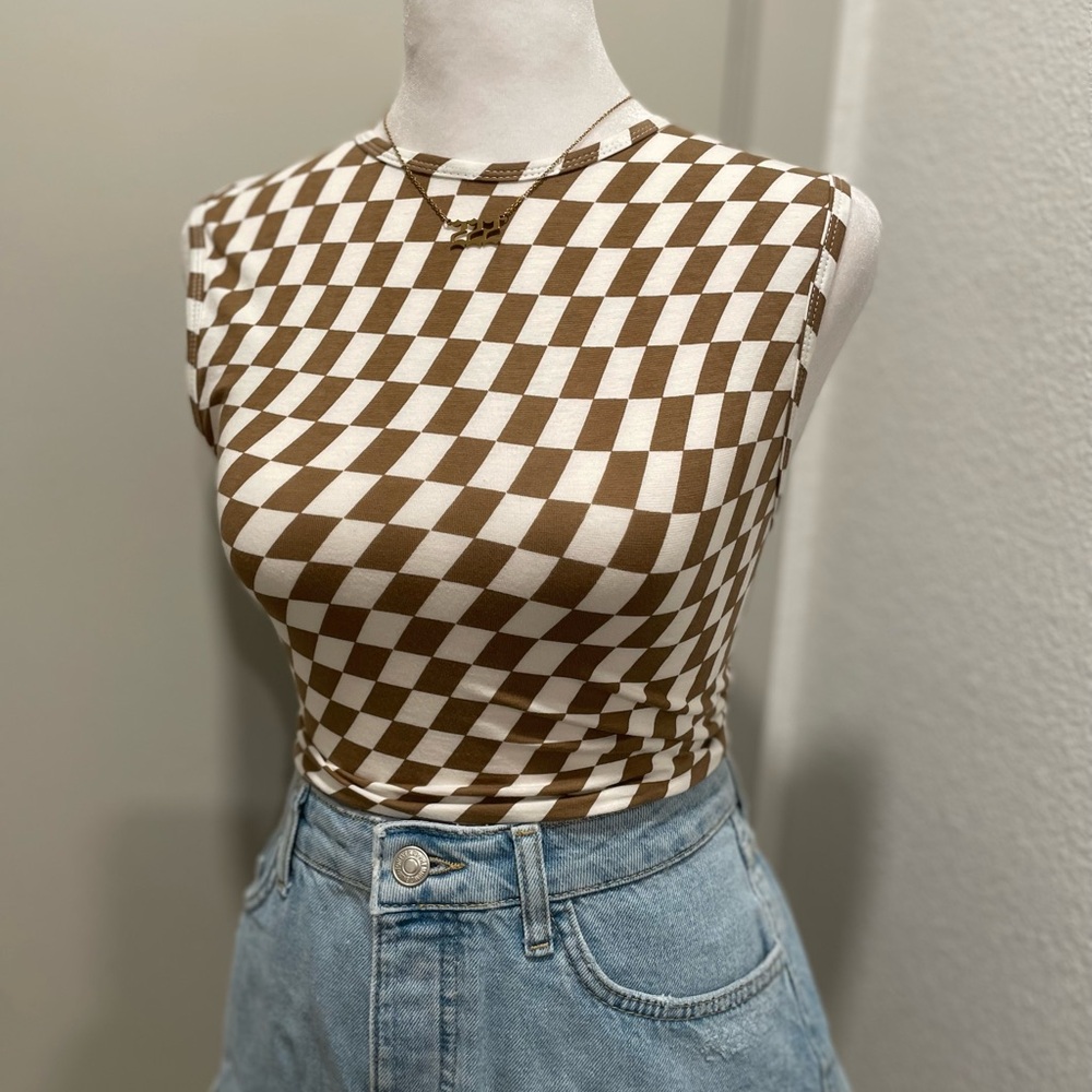 MOTEL Rocks Gimon Brown & White Checkered Crop Tank Top - S - Picture 11 of 11